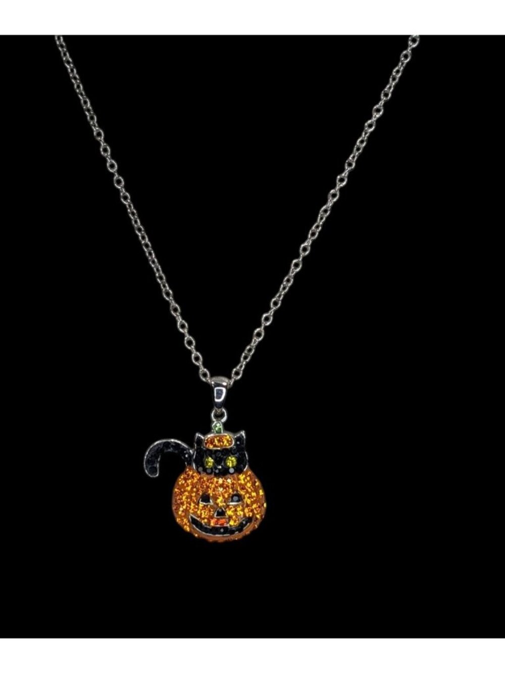 Goth Witchy Halloween Black Cat Pumpkin Rhinestone Pendant Necklace